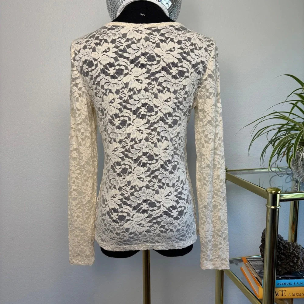 By Anthropologie Long Sleeve Lace Crew Neck Top, SMALL Almond Floral Sheer boho